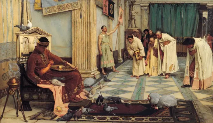 Gerahmter Druck : Die Favoriten des Kaisers Honorius, 1883. Künstler: Waterhouse, John William (1849-1917) Gerahmter Druck : Die Favoriten des Kaisers Honorius, 1883. Künstler: Waterhouse, John William (1849-1917)