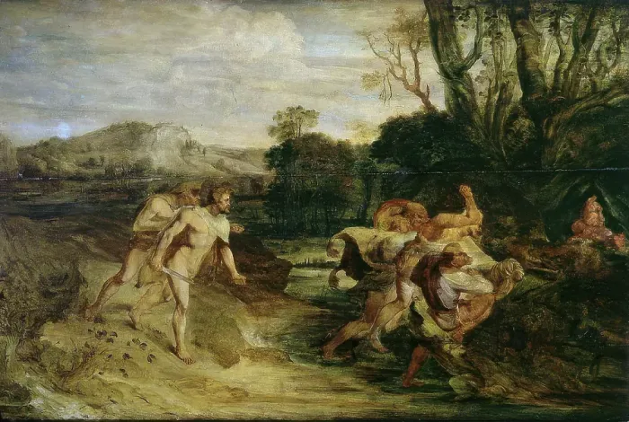 Gerahmter Druck : Die Entdeckung von Romulus und Remus, wahrscheinlich 1605. Schöpfer: Unbekannt.