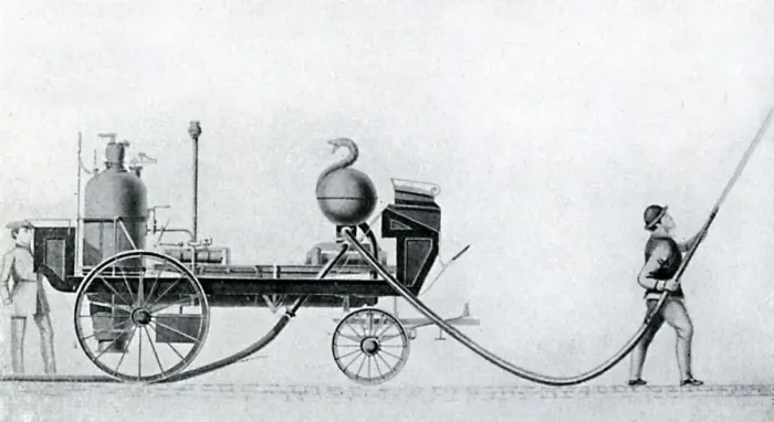 Gerahmter Druck : Die erste Dampffeuerwehr, 1830 Gerahmter Druck : Die erste Dampffeuerwehr, 1830