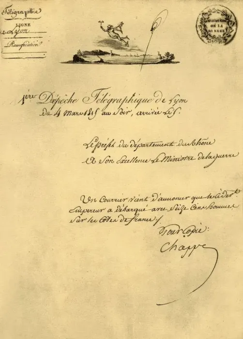 Gerahmter Druck : Erste Telegraphendespatch aus Lyon, 4. März 1815, (1921). Ersteller: Unbekannt. Gerahmter Druck : Erste Telegraphendespatch aus Lyon, 4. März 1815, (1921). Ersteller: Unbekannt.