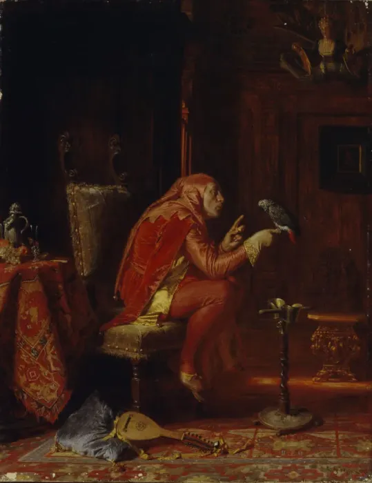 Gerahmter Druck : Ein Narr mit Parakeet, 1875 Gerahmter Druck : Ein Narr mit Parakeet, 1875