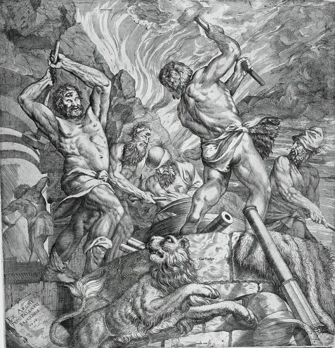 Gerahmter Druck : Anfänger der Zyklopengesellschaft, 1572 von Cornelis Cort