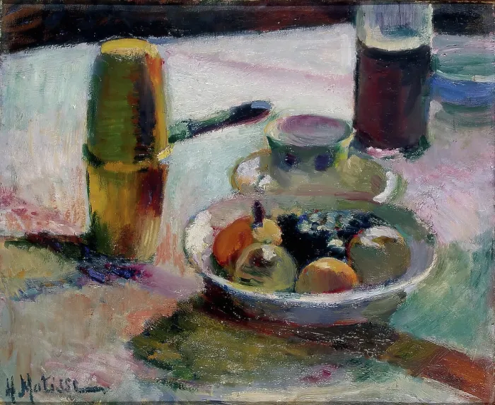 Gerahmter Druck : Frucht und Kaffeekanne, 1898. Schöpfer: Henri Matisse Gerahmter Druck : Frucht und Kaffeekanne, 1898. Schöpfer: Henri Matisse