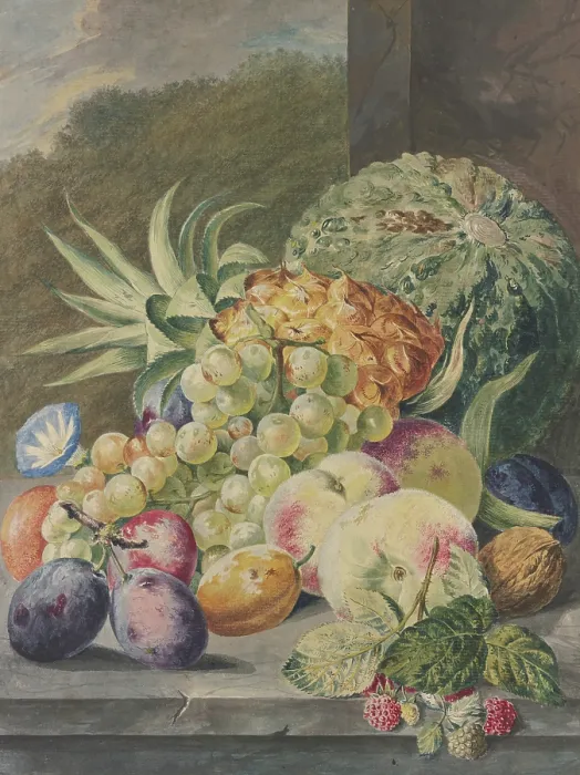 Gerahmter Druck : Früchtestillleben mit Melonen, Ananas, Trauben, Pfirsichen, Pflaumen und Nüssen Gerahmter Druck : Früchtestillleben mit Melonen, Ananas, Trauben, Pfirsichen, Pflaumen und Nüssen