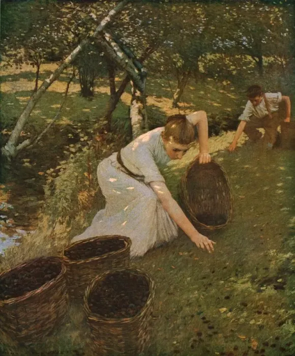 Gerahmter Druck : Ernte von Pflaumen, 1901, (c1930). Künstler: Henry Herbert la Thangue. Gerahmter Druck : Ernte von Pflaumen, 1901, (c1930). Künstler: Henry Herbert la Thangue.