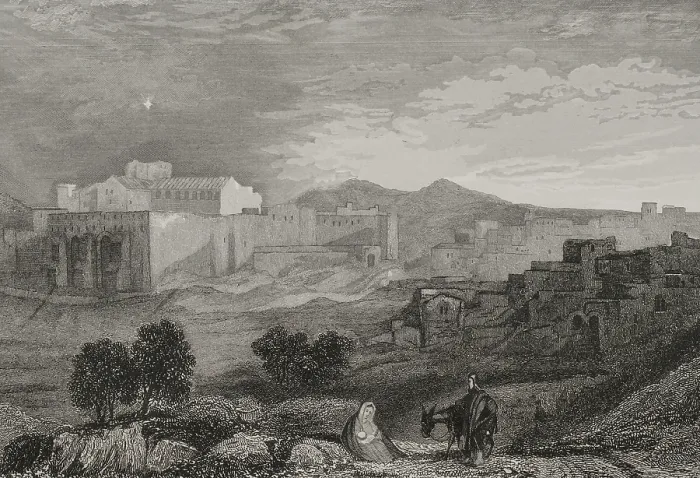 Gerahmter Druck : Allgemeiner Blick auf Bethlehem, 1840. Künstler: Aubert
