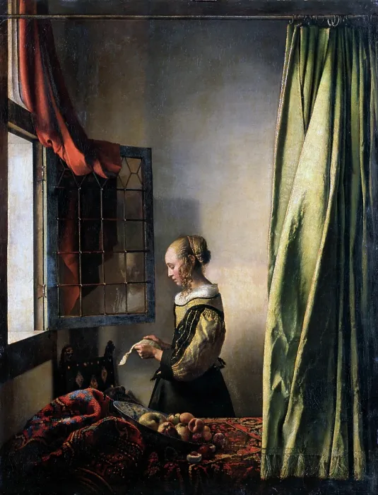 Gerahmter Druck : Mädchen liest einen Brief vor einer geöffneten Fensterwand um 1659. Künstler: Vermeer, Jan Johannes (1632 - 1675) Gerahmter Druck : Mädchen liest einen Brief vor einer geöffneten Fensterwand um 1659. Künstler: Vermeer, Jan Johannes (1632 - 1675)