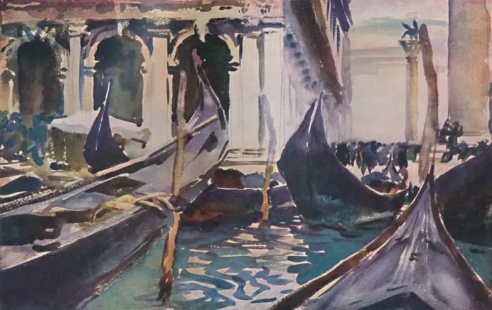 Gerahmter Druck : Kähne am Piazza della Pietà 1890-1912 von John Singer Sargent