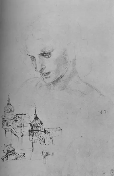 Gerahmter Druck : Führer eines Apostels und Studium der Architektur, um 1480 (1945). Künstler: Leonardo da Vinci Gerahmter Druck : Führer eines Apostels und Studium der Architektur, um 1480 (1945). Künstler: Leonardo da Vinci
