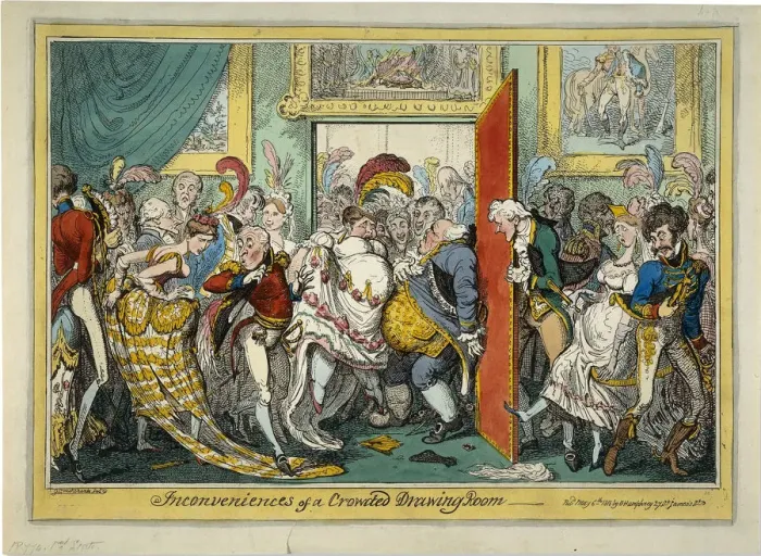 Gerahmter Druck : Die Unannehmlichkeiten eines überfüllten Salonraums, 1818. Künstler: Cruikshank, George (1792-1878) Gerahmter Druck : Die Unannehmlichkeiten eines überfüllten Salonraums, 1818. Künstler: Cruikshank, George (1792-1878)