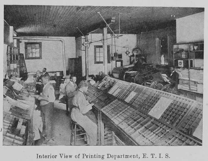 Gerahmter Druck : Innenausblick der Druckabteilung, E.T.I.S., 1903; Künstler unbekannt Gerahmter Druck : Innenausblick der Druckabteilung, E.T.I.S., 1903; Künstler unbekannt