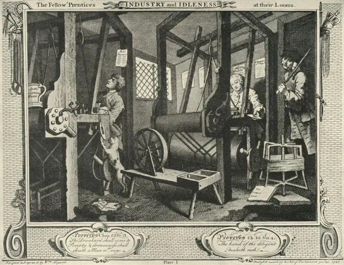 Gerahmter Druck : Innenansicht eines Weberateliers, 1747, (1925). Künstler: William Hogarth. Gerahmter Druck : Innenansicht eines Weberateliers, 1747, (1925). Künstler: William Hogarth.