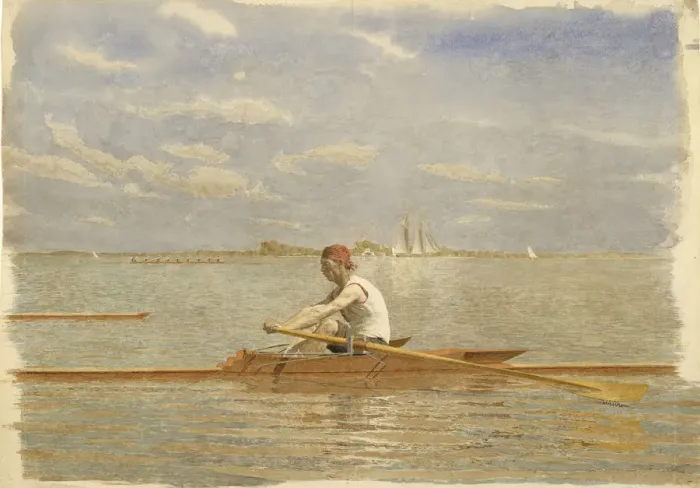 Gerahmter Druck : Hans Biglin im Einmannschieberruder um 1873 von Thomas Eakins Gerahmter Druck : Hans Biglin im Einmannschieberruder um 1873 von Thomas Eakins