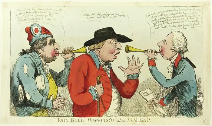 Gerahmter Druck : Johann Ritter Humbugg's Pseudonym beides Ohrens veröffentlicht am 12. Mai 1794. Erfinder: Isaak Kruikshank