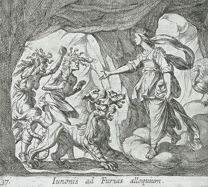 Gerahmter Druck : Die Juno mit den Furien am Himmelsgate, veröffentlicht 1606. Ersteller: Antonio Tempesta, Wilhelm Janson Gerahmter Druck : Die Juno mit den Furien am Himmelsgate, veröffentlicht 1606. Ersteller: Antonio Tempesta, Wilhelm Janson