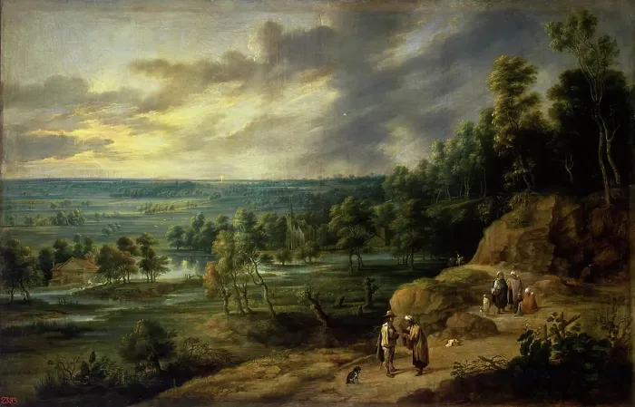 Gerahmter Druck : Landschaft mit einer Wahrsagerin, 1640. Künstler: Lucas van Uden Gerahmter Druck : Landschaft mit einer Wahrsagerin, 1640. Künstler: Lucas van Uden