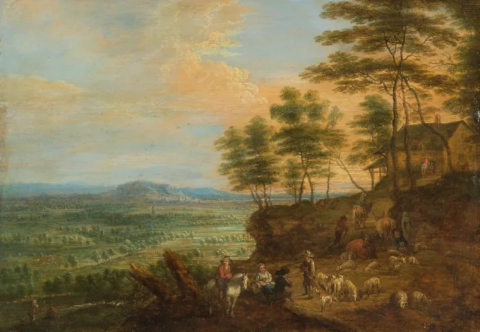 Gerahmter Druck : Landschaft mit Herde von Rindern vor einem Panoramablick, um 1665. Schöpfer: Unbekannt. Gerahmter Druck : Landschaft mit Herde von Rindern vor einem Panoramablick, um 1665. Schöpfer: Unbekannt.