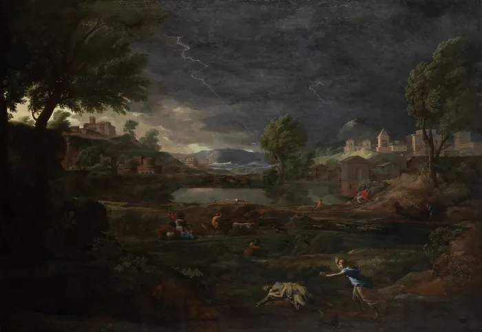 Gerahmter Druck : Landschaft während eines Gewitters mit Pyramus und Thisbe, 1651. Künstler: Nicolas Poussin Gerahmter Druck : Landschaft während eines Gewitters mit Pyramus und Thisbe, 1651. Künstler: Nicolas Poussin