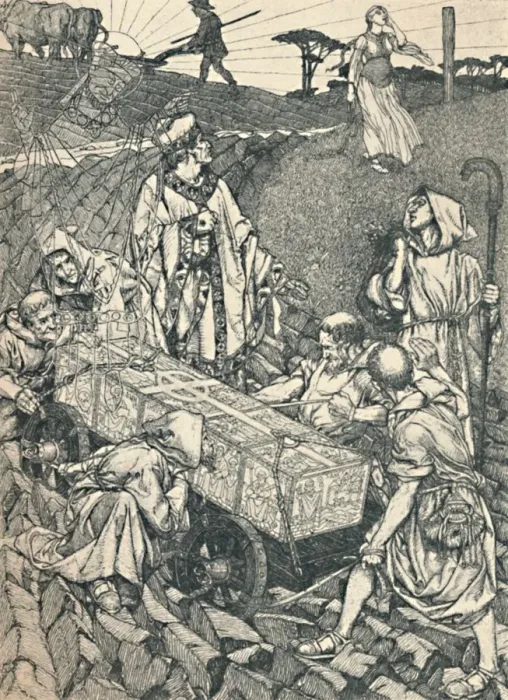 Gerahmter Druck : Die Legende von Sankt Kuthbert, Zeichnung im Stil des Mittelalters / Pen-Drawing , 1891 - 1920; Erstveröffentlichung : 1923. Maler: Robert Spencer Gerahmter Druck : Die Legende von Sankt Kuthbert, Zeichnung im Stil des Mittelalters / Pen-Drawing , 1891 - 1920; Erstveröffentlichung : 1923. Maler: Robert Spencer