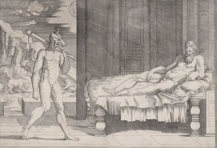 Gerahmter Druck : Lykaios wird in einen Wolf verwandelt, datiert auf das Jahr 1524. Künstler: Agostino Veneziano Gerahmter Druck : Lykaios wird in einen Wolf verwandelt, datiert auf das Jahr 1524. Künstler: Agostino Veneziano