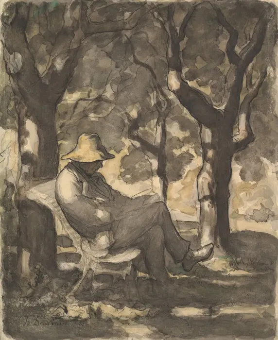 Gerahmter Druck : Ein Mann liest im Garten (Vorside). Umgangssprache der Zeit um etwa 1865 von dem Künstler Honoré Daumier Gerahmter Druck : Ein Mann liest im Garten (Vorside). Umgangssprache der Zeit um etwa 1865 von dem Künstler Honoré Daumier