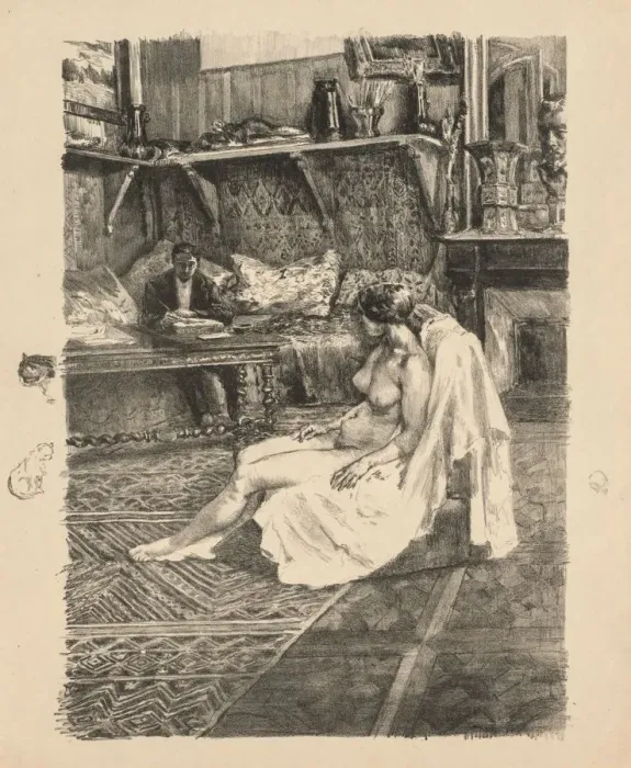 Gerahmter Druck : Die Modellsession (La Seance de modèle), um 1895. Ersteller: Alexandre Lunois, französischer Gerahmter Druck : Die Modellsession (La Seance de modèle), um 1895. Ersteller: Alexandre Lunois, französischer