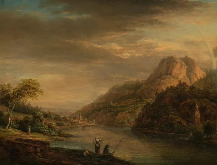 Gerahmter Druck : Bergiges Flusstal mit Regenbogen, 18. Jahrhundert. Künstler: Christian Georg Schütz Gerahmter Druck : Bergiges Flusstal mit Regenbogen, 18. Jahrhundert. Künstler: Christian Georg Schütz