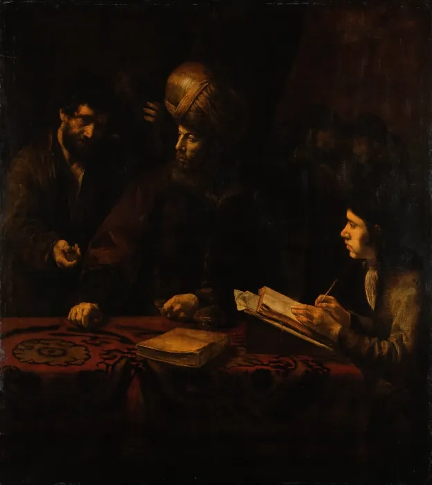 Gerahmter Druck : Parabel der Arbeiter im Weinberg, um 1650-1660. Schöpfer: Ferdinand Bol Zirkel Gerahmter Druck : Parabel der Arbeiter im Weinberg, um 1650-1660. Schöpfer: Ferdinand Bol Zirkel