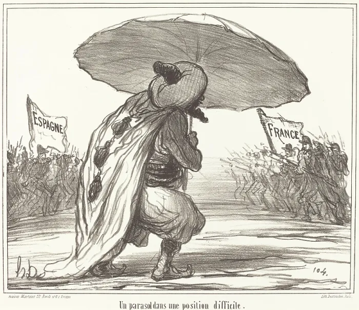 Gerahmter Druck : Ein Parasol in einer schwierigen Position, 1859. Künstler: Honoré Daumier Gerahmter Druck : Ein Parasol in einer schwierigen Position, 1859. Künstler: Honoré Daumier