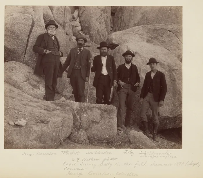 Gerahmter Druck : Porträt-Davidson, Gilbert, Winston, Finley, Edmonds, 1890. Ersteller: Carleton Emmons Watkins Gerahmter Druck : Porträt-Davidson, Gilbert, Winston, Finley, Edmonds, 1890. Ersteller: Carleton Emmons Watkins