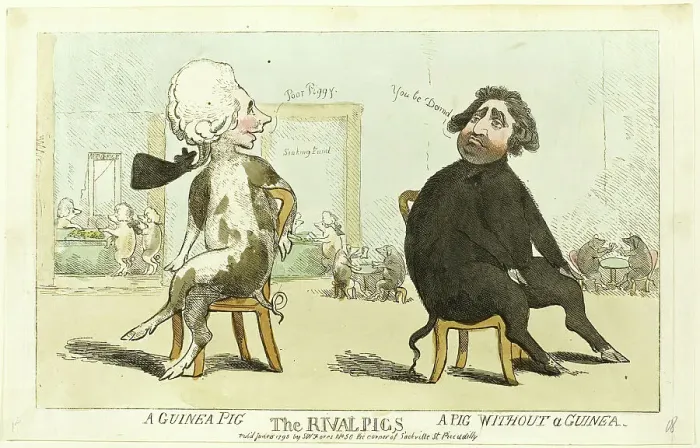 Gerahmter Druck : Die Feinde der Schweine, veröffentlicht am 15. Juni 1795. Ersteller: Isaac Cruikshank Gerahmter Druck : Die Feinde der Schweine, veröffentlicht am 15. Juni 1795. Ersteller: Isaac Cruikshank