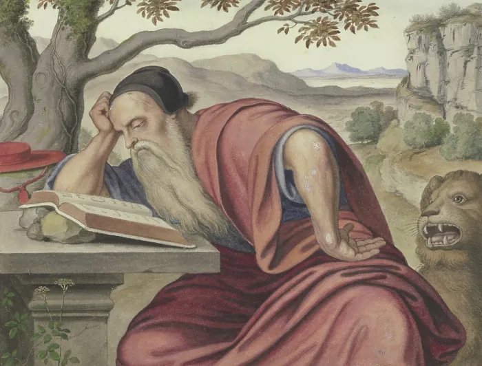 Gerahmter Druck : Heiliger Hieronymus in einer Landschaft, liest, Mitte 19. Jahrhundert. Schöpfer: Ferdinand Olivier Gerahmter Druck : Heiliger Hieronymus in einer Landschaft, liest, Mitte 19. Jahrhundert. Schöpfer: Ferdinand Olivier