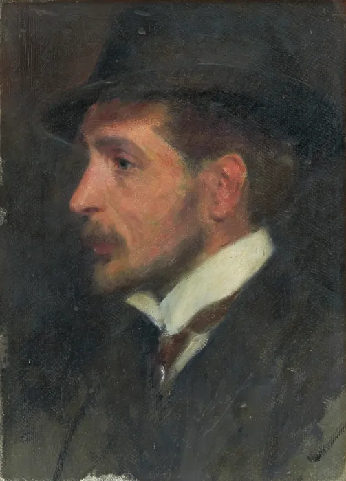 Gerahmter Druck : Selbstdarstellung ? aus Profil in einem Hut, um 1900. Schöpfer: Milan Thomka Mitrovsky Gerahmter Druck : Selbstdarstellung ? aus Profil in einem Hut, um 1900. Schöpfer: Milan Thomka Mitrovsky