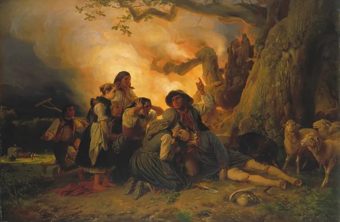 Gerahmter Druck : Schäfer getroffen von Blitz, 1844. Künstler: Jakob Becker Gerahmter Druck : Schäfer getroffen von Blitz, 1844. Künstler: Jakob Becker