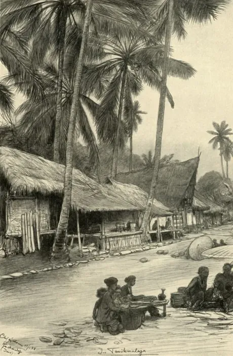 Gerahmter Druck : Straßenszene in Tasikmalaya, Java, 1898. Künstler: Christian Wilhelm Allers Gerahmter Druck : Straßenszene in Tasikmalaya, Java, 1898. Künstler: Christian Wilhelm Allers