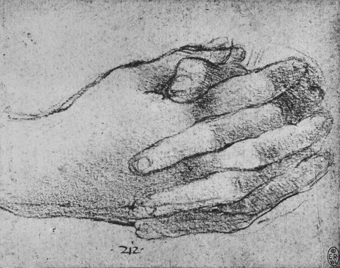 Gerahmter Druck : Studium der gekrümmten Hände, um 1480 (1945). Künstler: Leonardo von Vinci Gerahmter Druck : Studium der gekrümmten Hände, um 1480 (1945). Künstler: Leonardo von Vinci