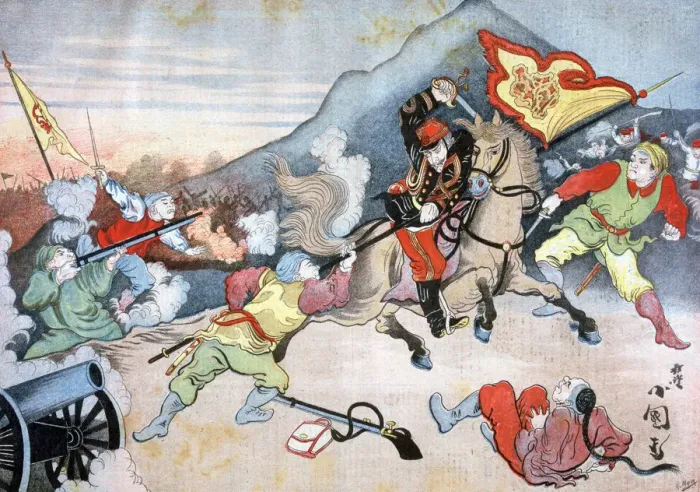 Gerahmter Druck : Die Eroberung des chinesischen Flaggens durch einen japanischen Offizier, 1894. Künstler: Henri Meyer Gerahmter Druck : Die Eroberung des chinesischen Flaggens durch einen japanischen Offizier, 1894. Künstler: Henri Meyer