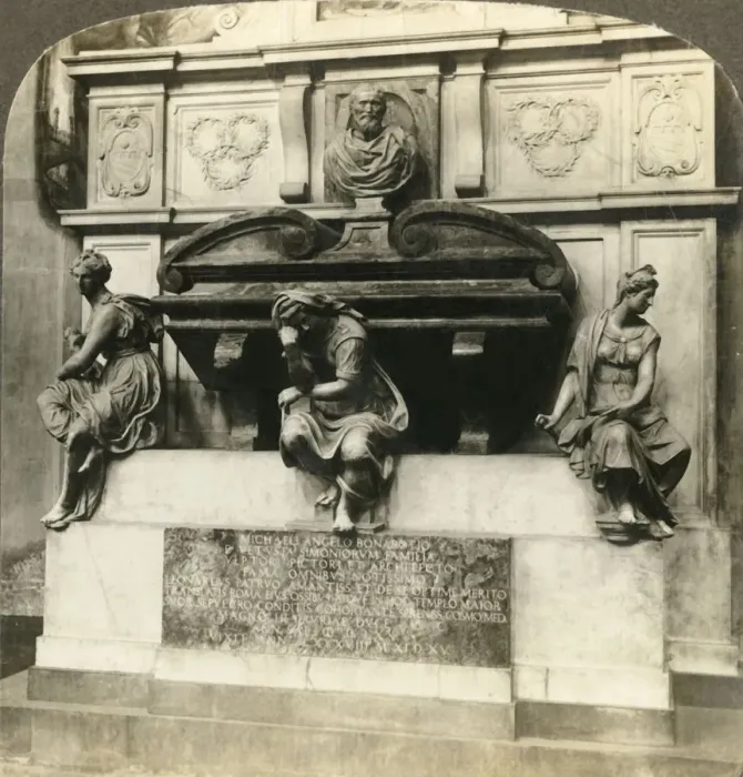 Gerahmter Druck : Grab des Michelangelo im Kirchensitz von Santa Croce, Florenz (Italien), um 1909. Schöpfer unbekannt Gerahmter Druck : Grab des Michelangelo im Kirchensitz von Santa Croce, Florenz (Italien), um 1909. Schöpfer unbekannt
