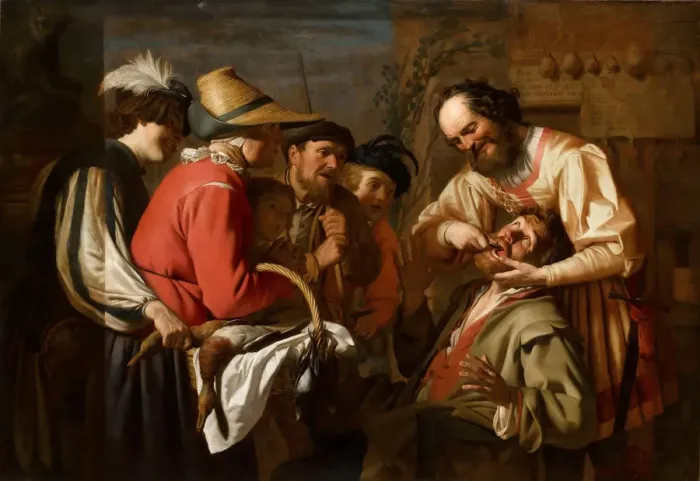 Gerahmter Druck : Der Zahnpuller. Künstler: Honthorst, Gerrit van (1590-1656)