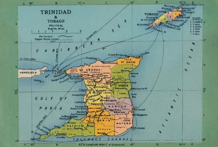 Gerahmter Druck : Karte von Trinidad und Tobago, c1940er Jahre. Ersteller: Unbekannt. Gerahmter Druck : Karte von Trinidad und Tobago, c1940er Jahre. Ersteller: Unbekannt.