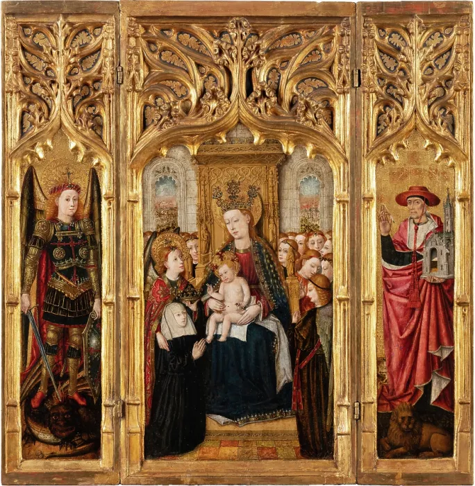 Gerahmter Druck : Triptychon mit der Himmelfahrtsmadonna, um 1448-1458. Künstler: Werkstatt Juan Rexach. Gerahmter Druck : Triptychon mit der Himmelfahrtsmadonna, um 1448-1458. Künstler: Werkstatt Juan Rexach.