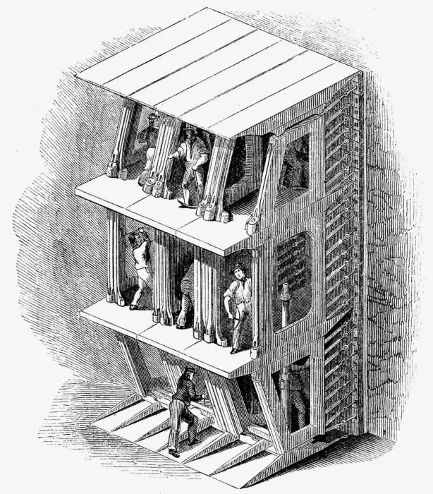 Gerahmter Druck : Stützschildeisenbahn für den Bau des Thamesschiffs, London 1842