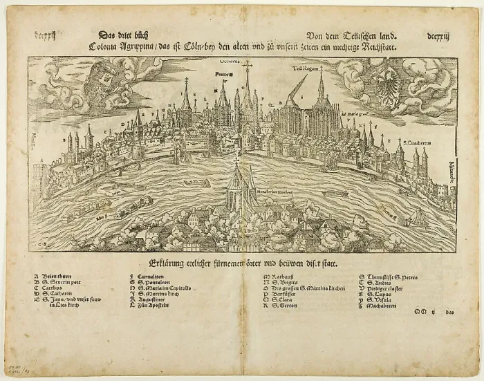 Gerahmter Druck : Ansicht von Köln (recto) Mann am Galgen in einem Baum (verso), Zwei Blätter DCCXXI-DCCXXIIII...1937. Schöpfer: Hans Rudolf Manuel Deutsch, Max Geisberg Gerahmter Druck : Ansicht von Köln (recto) Mann am Galgen in einem Baum (verso), Zwei Blätter DCCXXI-DCCXXIIII...1937. Schöpfer: Hans Rudolf Manuel Deutsch, Max Geisberg