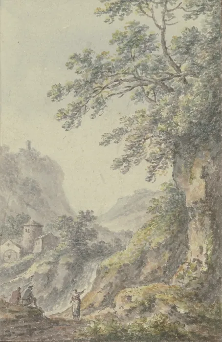Gerahmter Druck : Blick auf ein Bergpanorama mit Schloss, im Vordergrund eine versunkene Straße mit drei Figuren, 1767 Künstler: Johann Heinrich Muntz