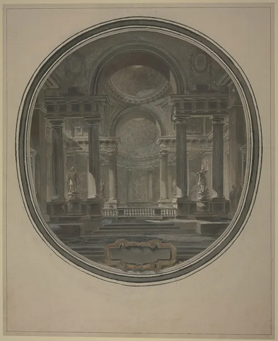 Gerahmter Druck : Blick in die Rotunde eines alten(?) Tempels, mit einem leeren Kartusch darunter. Künstler: Jacques-Francois Blondel