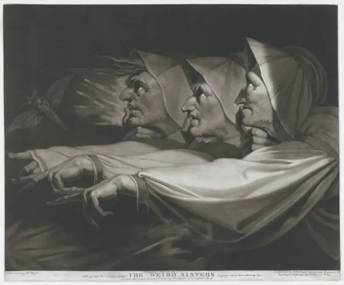 Gerahmter Druck : Die Rätselweiber (Shakespeares Macbeth , Akt I Szene III ), den 10 . März 1785. Erfinder : Johann Raphael Smith Gerahmter Druck : Die Rätselweiber (Shakespeares Macbeth , Akt I Szene III ), den 10 . März 1785. Erfinder : Johann Raphael Smith