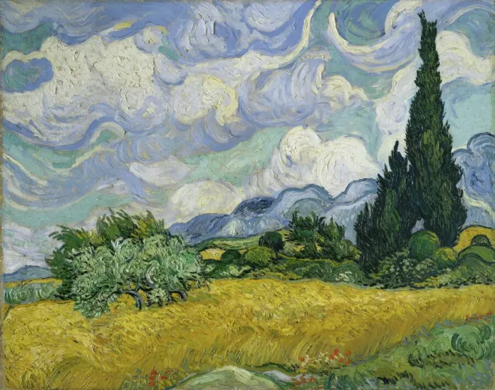 Gerahmter Druck : Weizenfeld mit Zypressen, 1889. Künstler: Vincent van Gogh