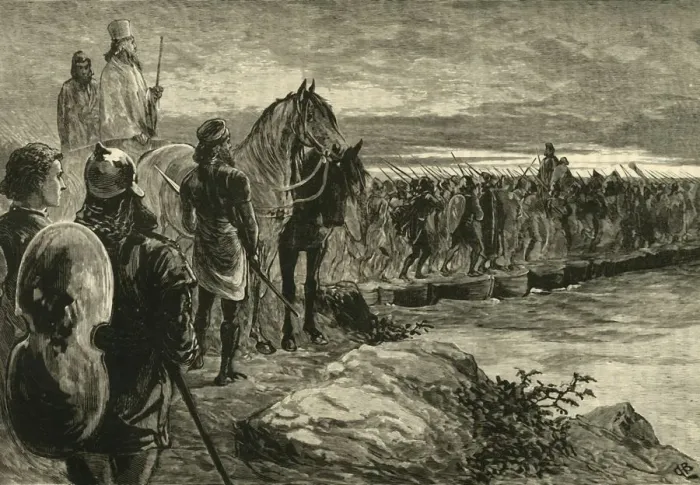 Gerahmter Druck : Xerxes übersetzt den Hellespont, 1890. Künstler: Unbekannt. Gerahmter Druck : Xerxes übersetzt den Hellespont, 1890. Künstler: Unbekannt.