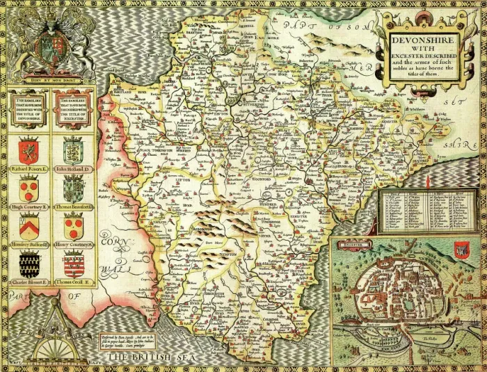 Gerahmter Druck : Der historische Atlas von Devon, gezeichnet von John Speed im Jahr 1610 Gerahmter Druck : Der historische Atlas von Devon, gezeichnet von John Speed im Jahr 1610