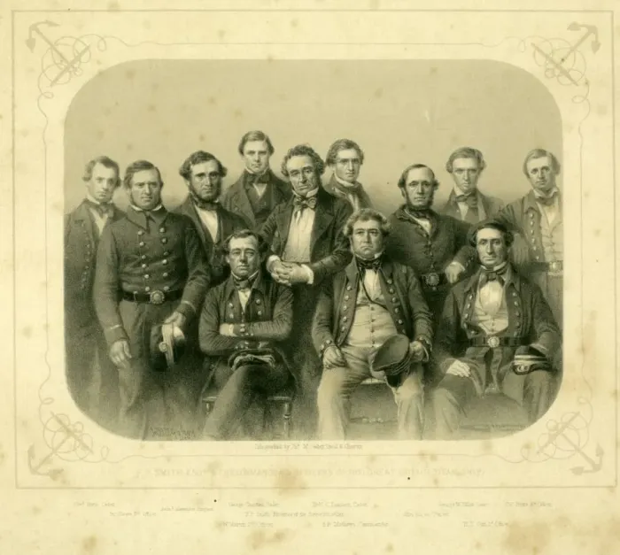 Gerahmter Druck : Francis Pettit Smith, Kapitän Barnard R. Matthews und Offiziere der SS Great Britain, 1852 Gerahmter Druck : Francis Pettit Smith, Kapitän Barnard R. Matthews und Offiziere der SS Great Britain, 1852